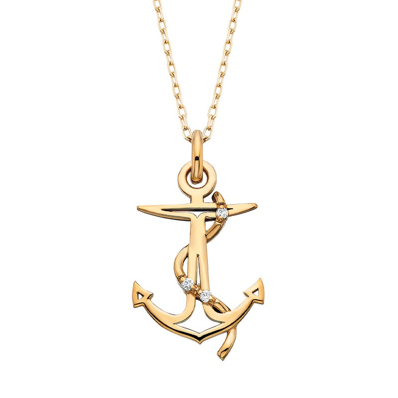 14K Yellow Gold Diamond Anchor Pendant Necklace