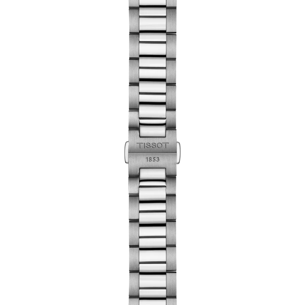 Silver watch band with Tissot logo on a white background