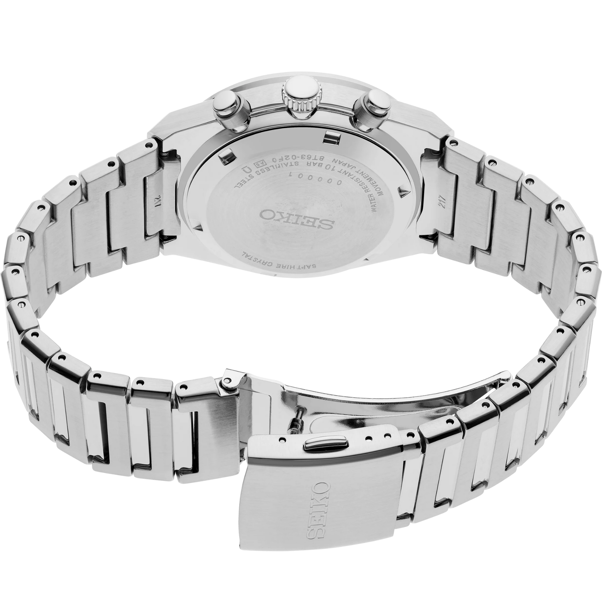 Silver Seiko watch with a focus on the bracelet design on a white background
