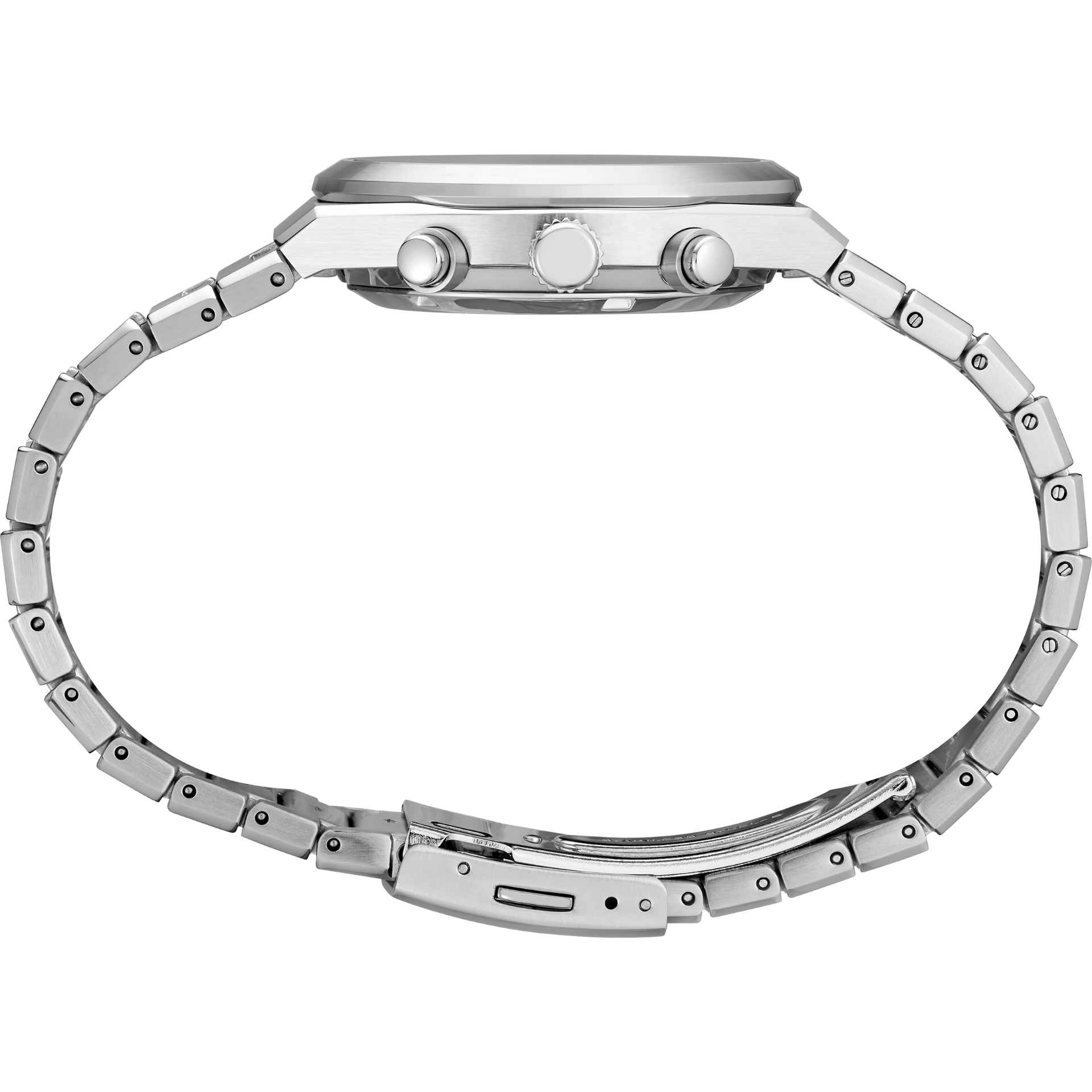 Close-up of a silver watch with a detailed band on a white background