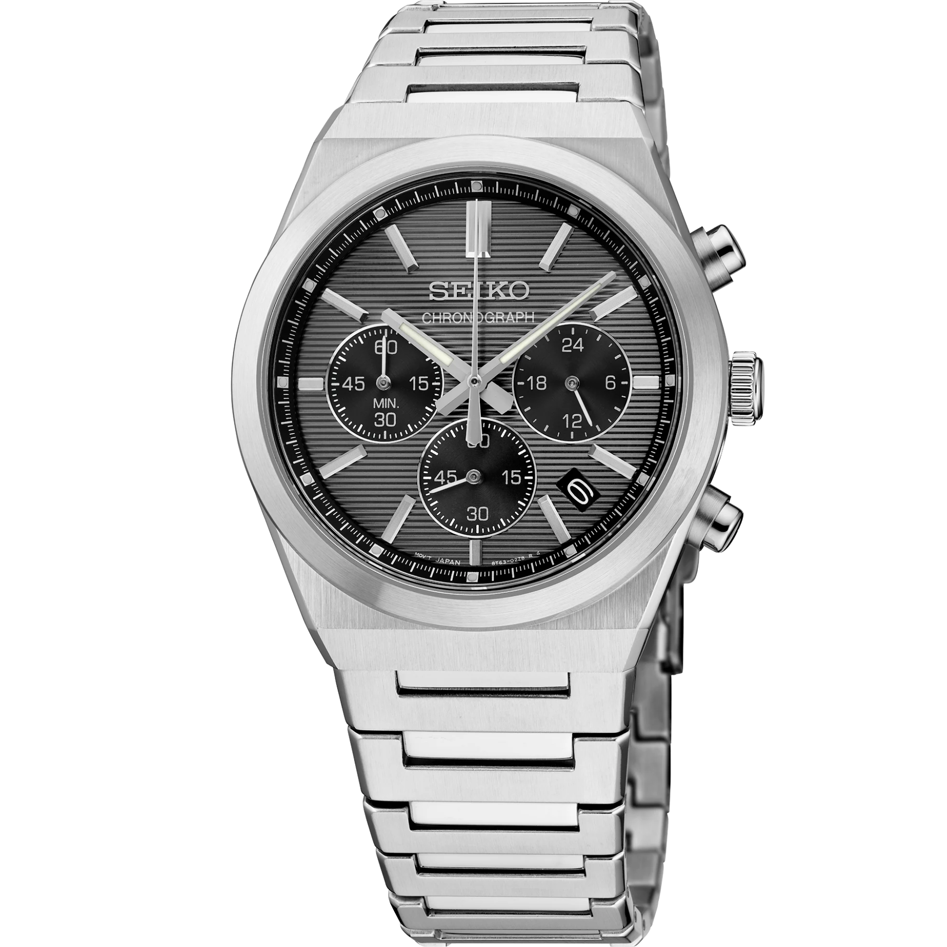 Silver Seiko watch with a dark face on a white background