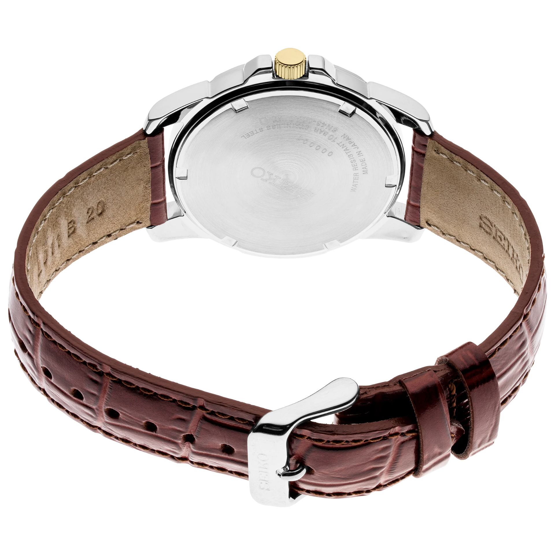 Watch with brown leather strap and silver case on a white background