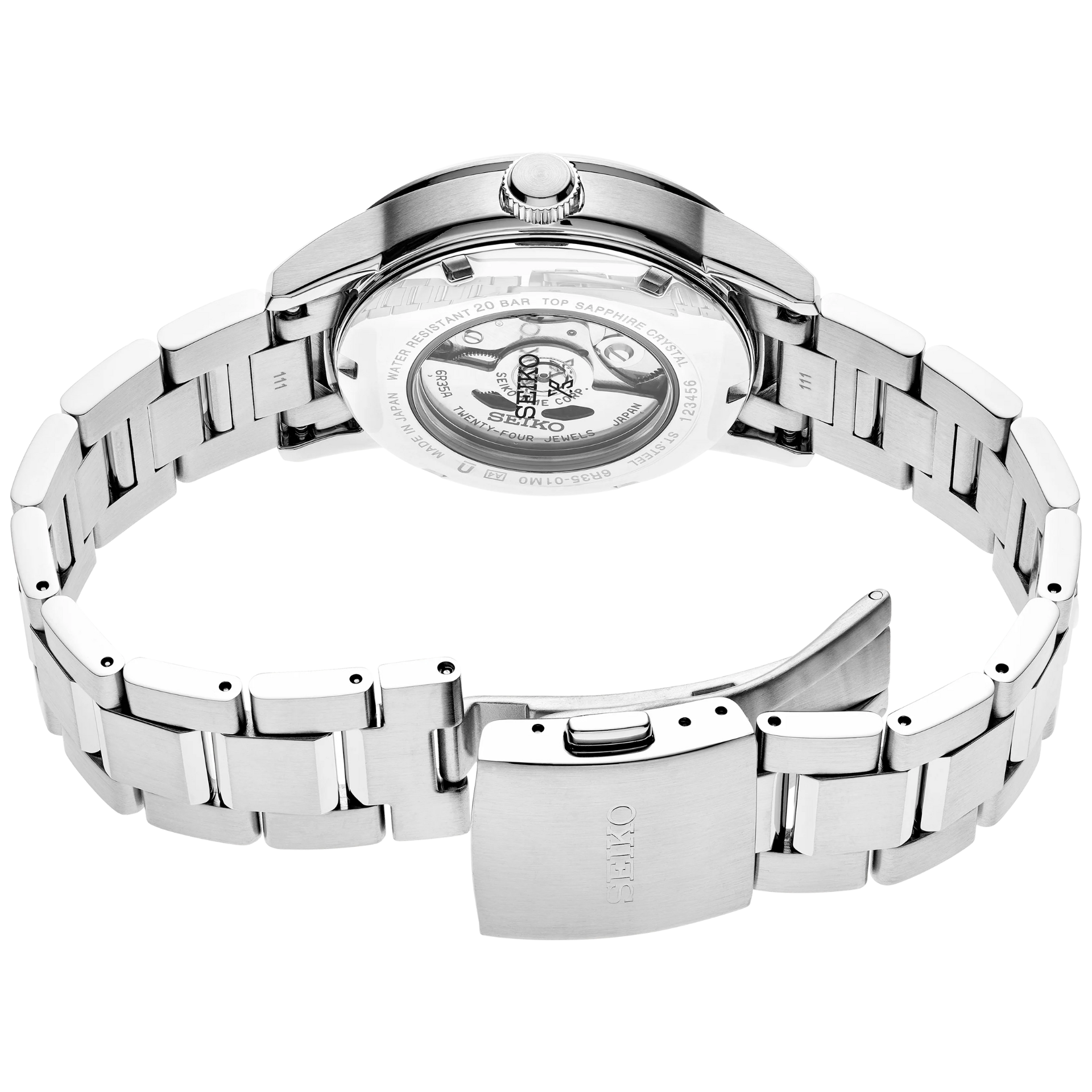 Silver Seiko watch with a detailed back view on a white background