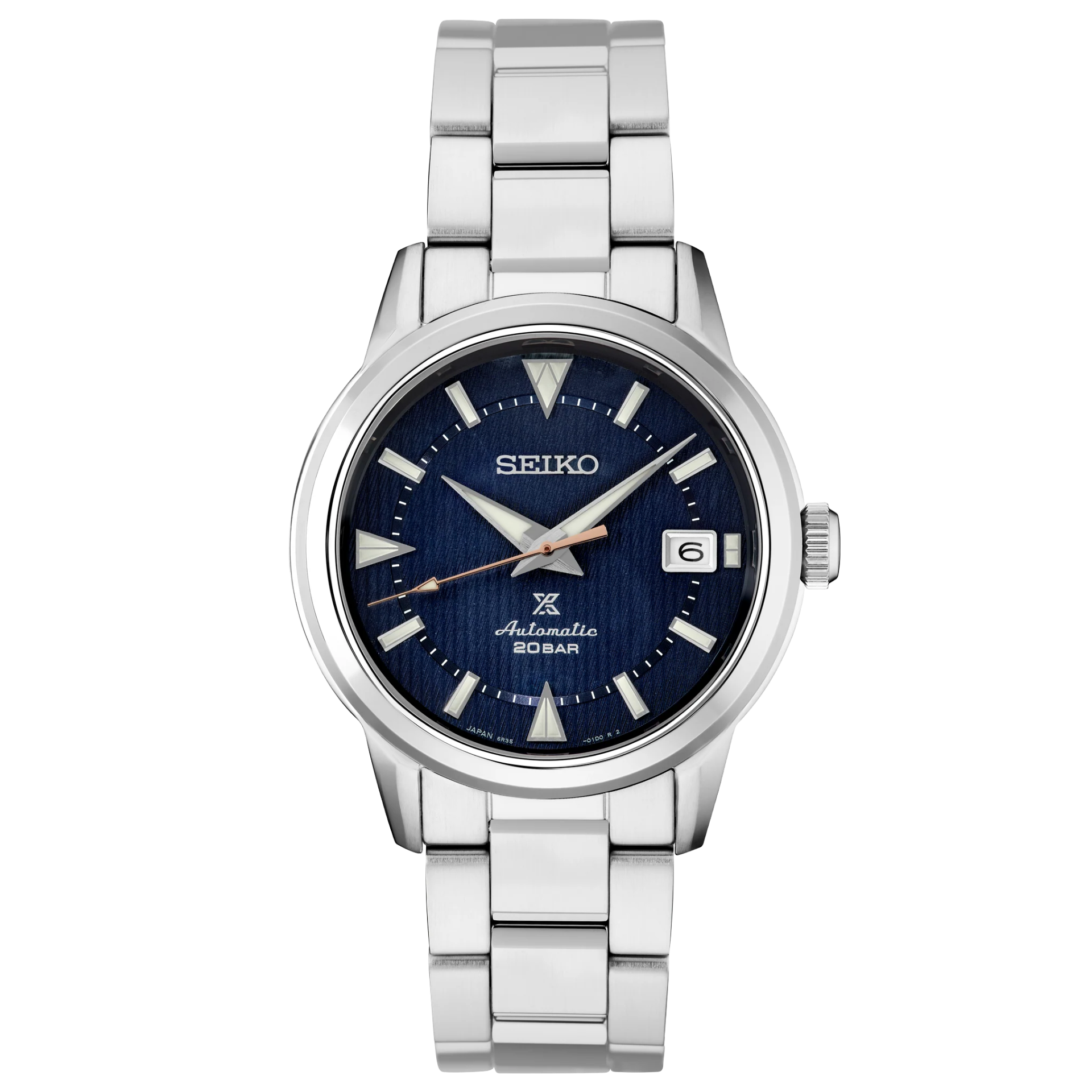 Seiko watch with blue dial and silver metal bracelet on a white background