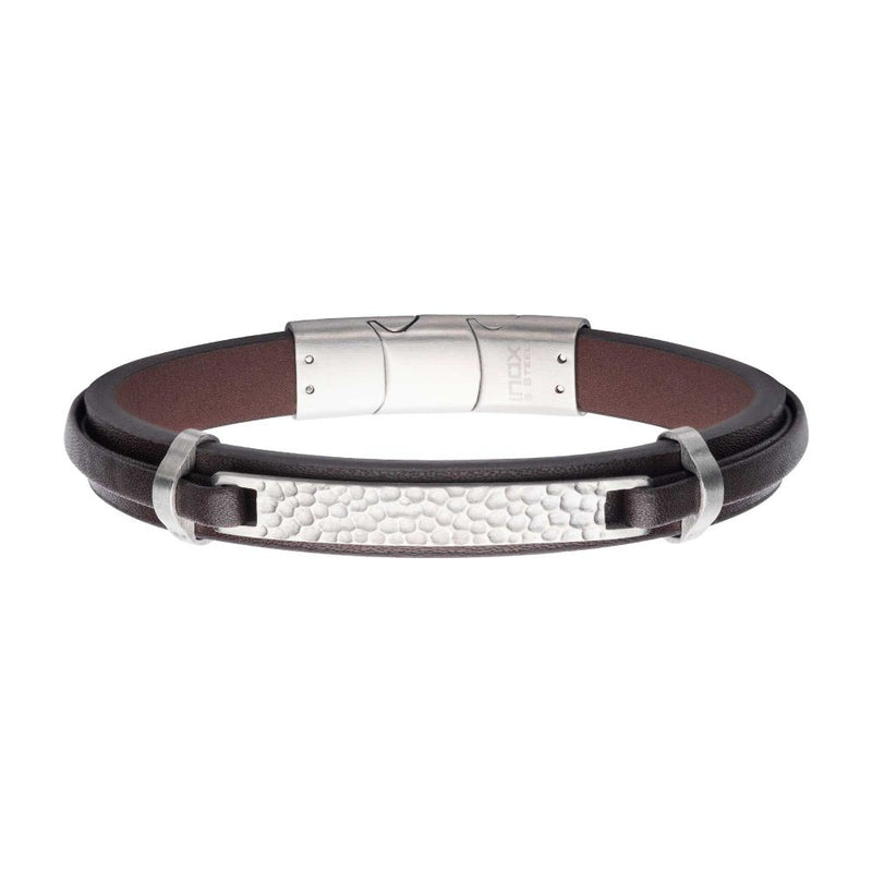 INOX Brown Leather Strapped with Hammered ID Bracelet