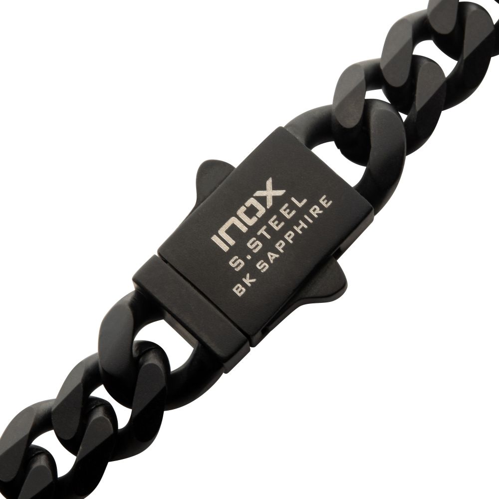 INOX 6mm Black IP Steel Matte Finish Miami Cuban Chain Bracelet with Genuine Black Sapphire Gem