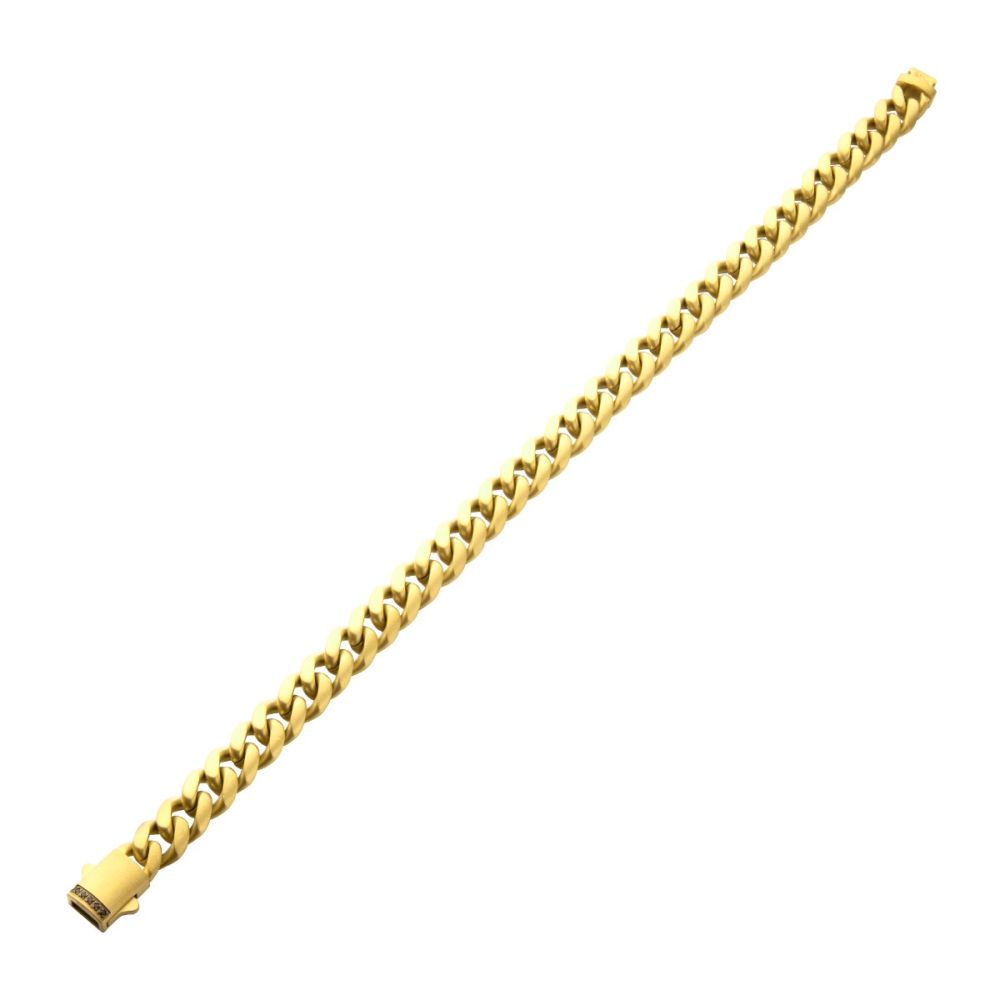 INOX 8mm 18Kt Gold IP Steel Matte Finish Miami Cuban Chain Bracelet with Genuine Black Sapphire