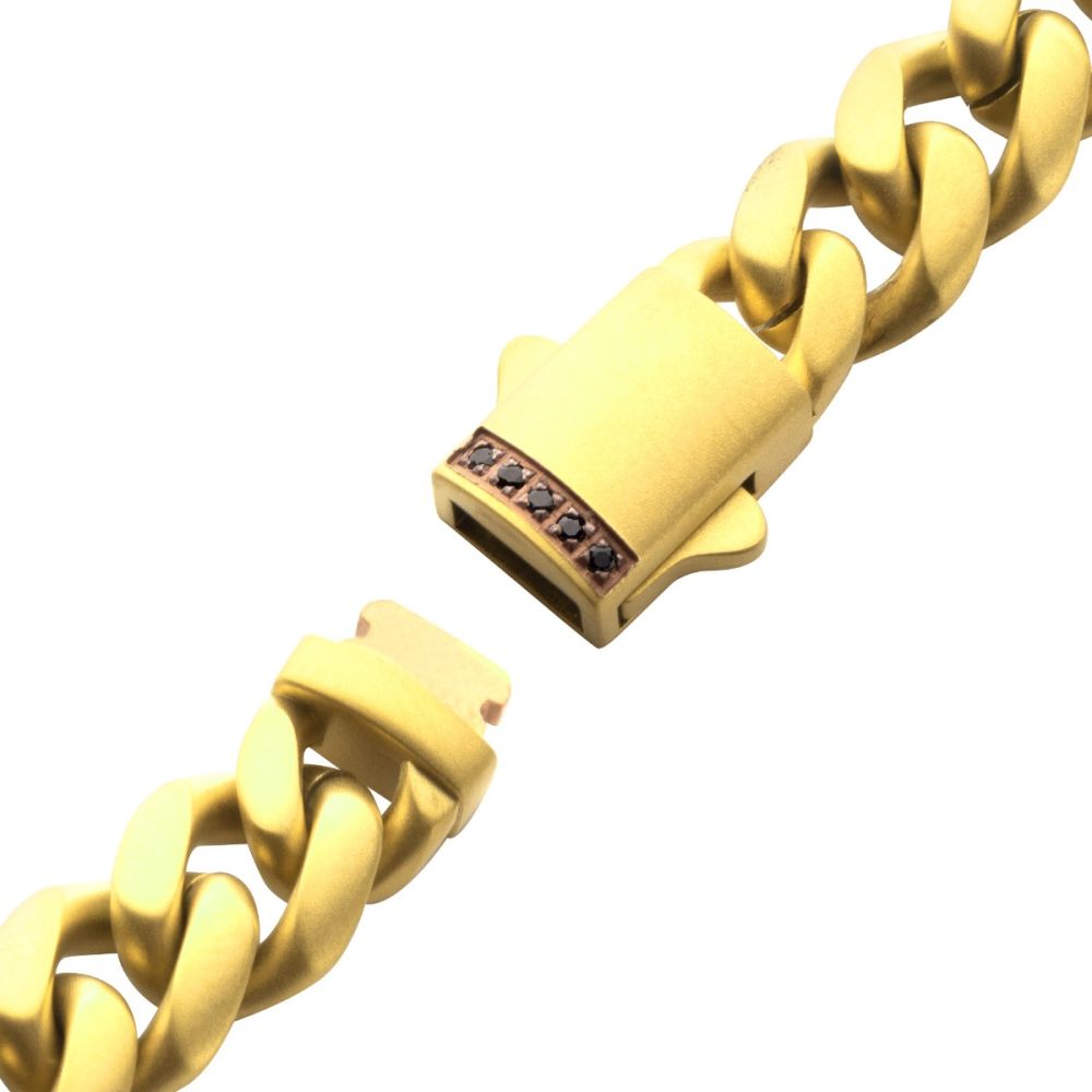 INOX 8mm 18Kt Gold IP Steel Matte Finish Miami Cuban Chain Bracelet with Genuine Black Sapphire