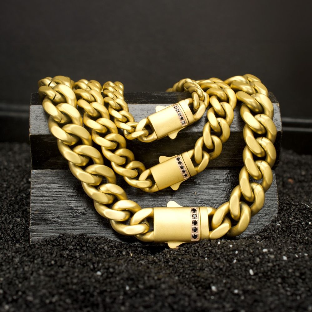 INOX 8mm 18Kt Gold IP Steel Matte Finish Miami Cuban Chain Bracelet with Genuine Black Sapphire