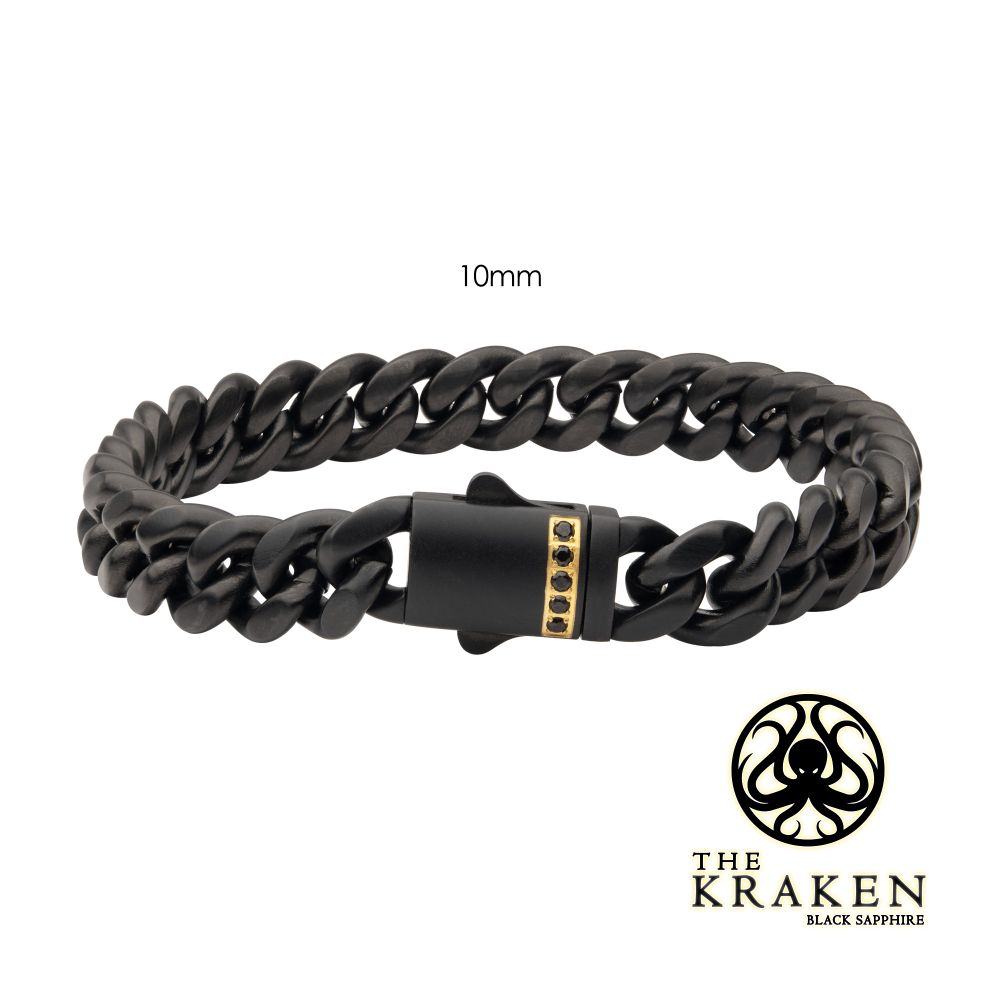 INOX 10mm Black IP Steel Matte Finish Miami Cuban Chain Bracelet with 1.6mm Genuine Black Sapphire Gem SKU br659k-108