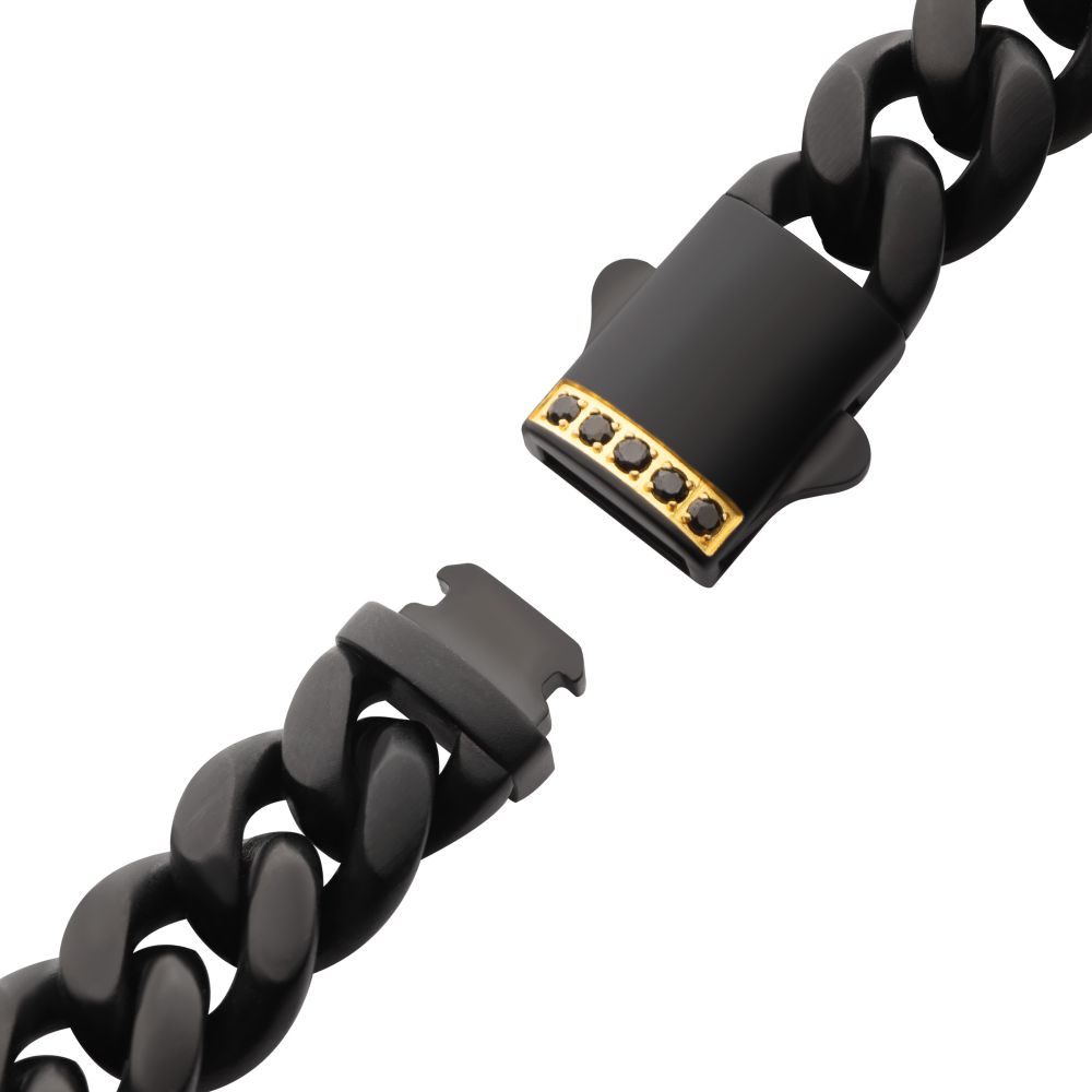 INOX 10mm Black IP Steel Matte Finish Miami Cuban Chain Bracelet with 1.6mm Genuine Black Sapphire Gem SKU br659k-108