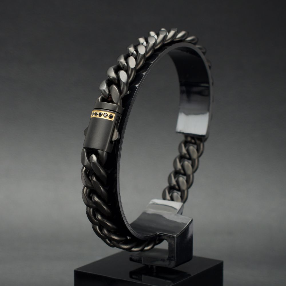 INOX 10mm Black IP Steel Matte Finish Miami Cuban Chain Bracelet with 1.6mm Genuine Black Sapphire Gem SKU br659k-108