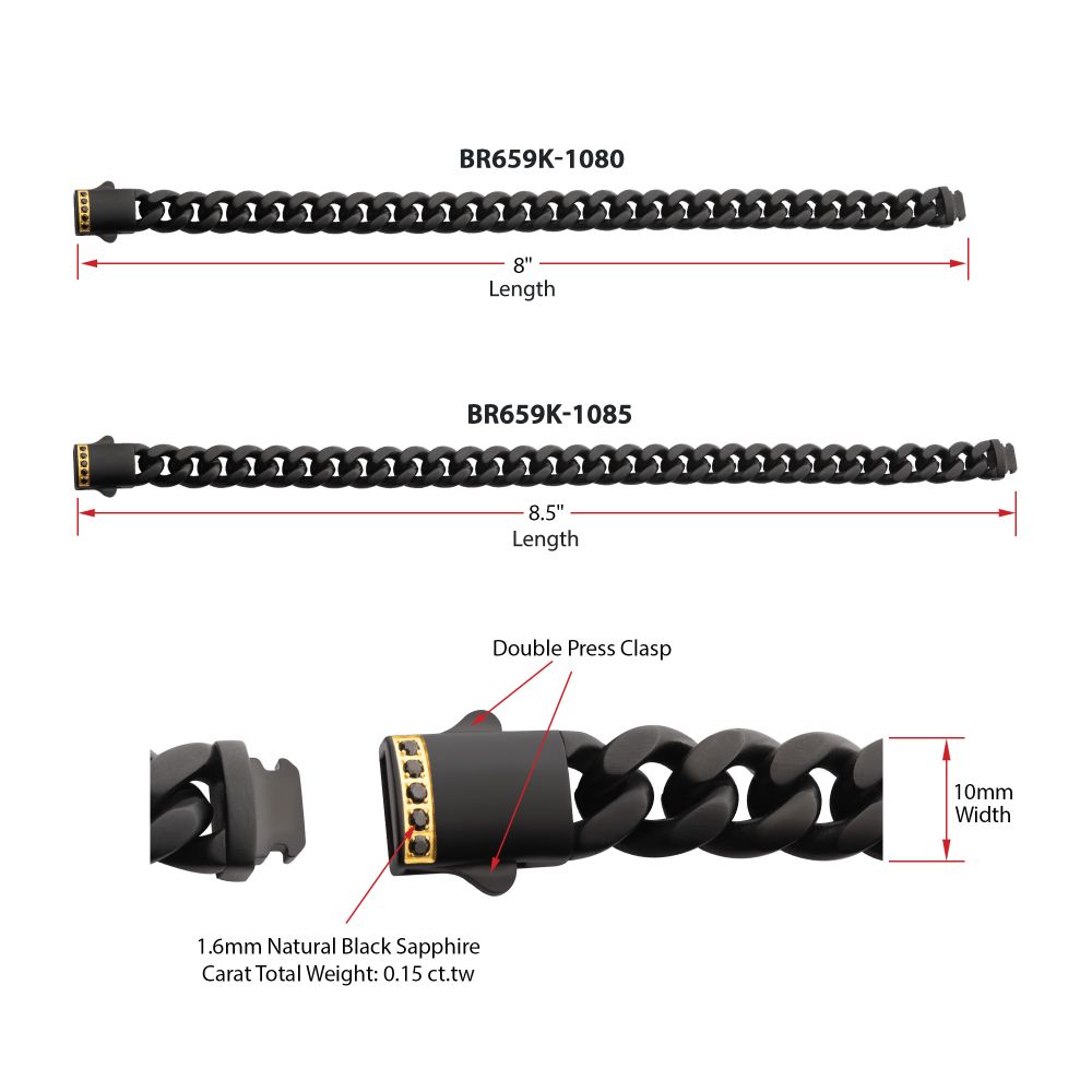 INOX 10mm Black IP Steel Matte Finish Miami Cuban Chain Bracelet with 1.6mm Genuine Black Sapphire Gem SKU br659k-108