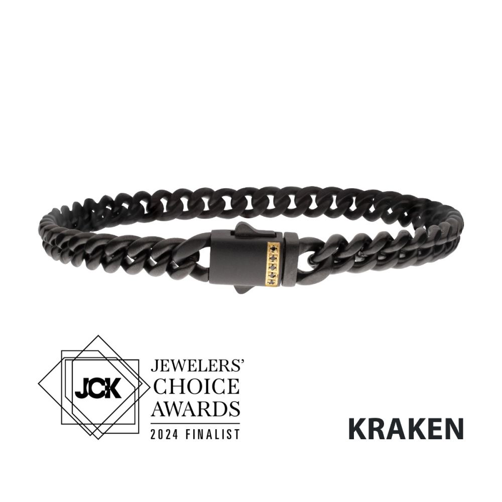 INOX 8mm Black IP Steel Matte Finish Miami Cuban Chain Bracelet with Genuine Black Sapphire Gem