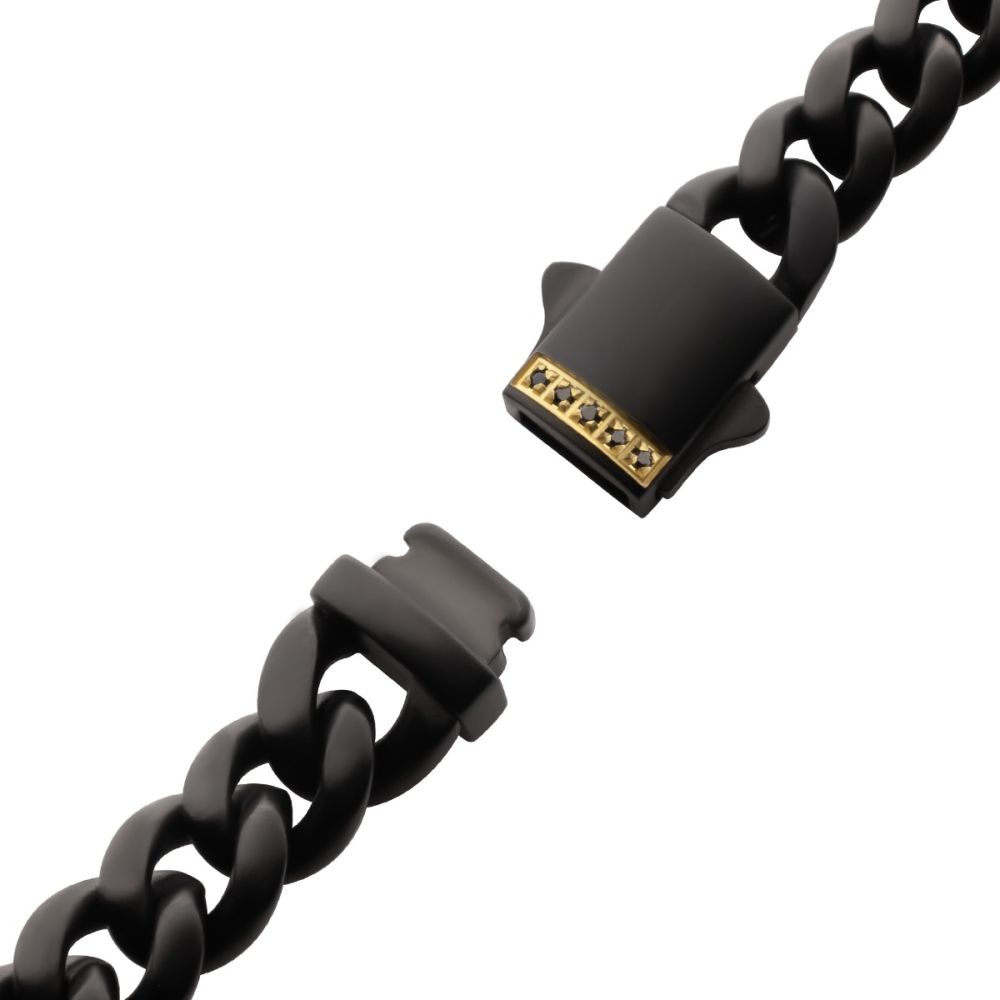 INOX 8mm Black IP Steel Matte Finish Miami Cuban Chain Bracelet with Genuine Black Sapphire Gem