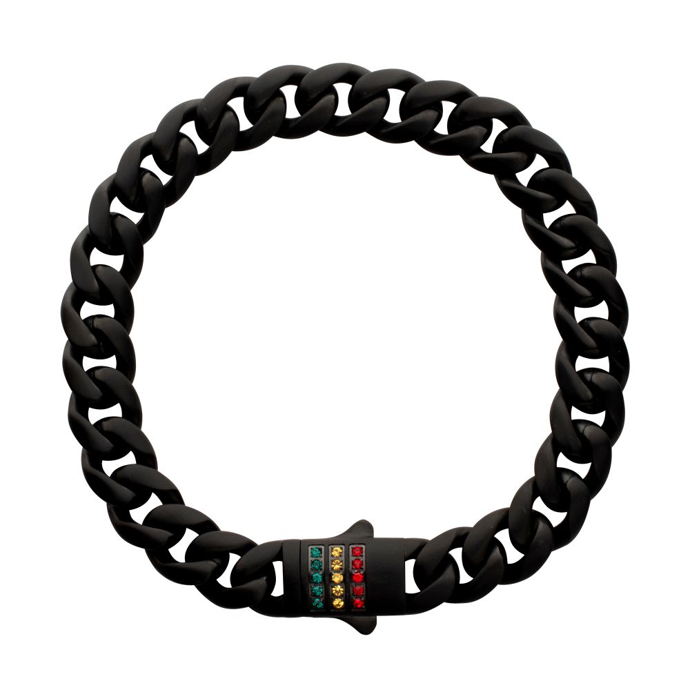 INOX 10mm Matte Black IP-Plated Steel Miami Cuban Swarovski Crystal Rainbow 8.25" Bracelet