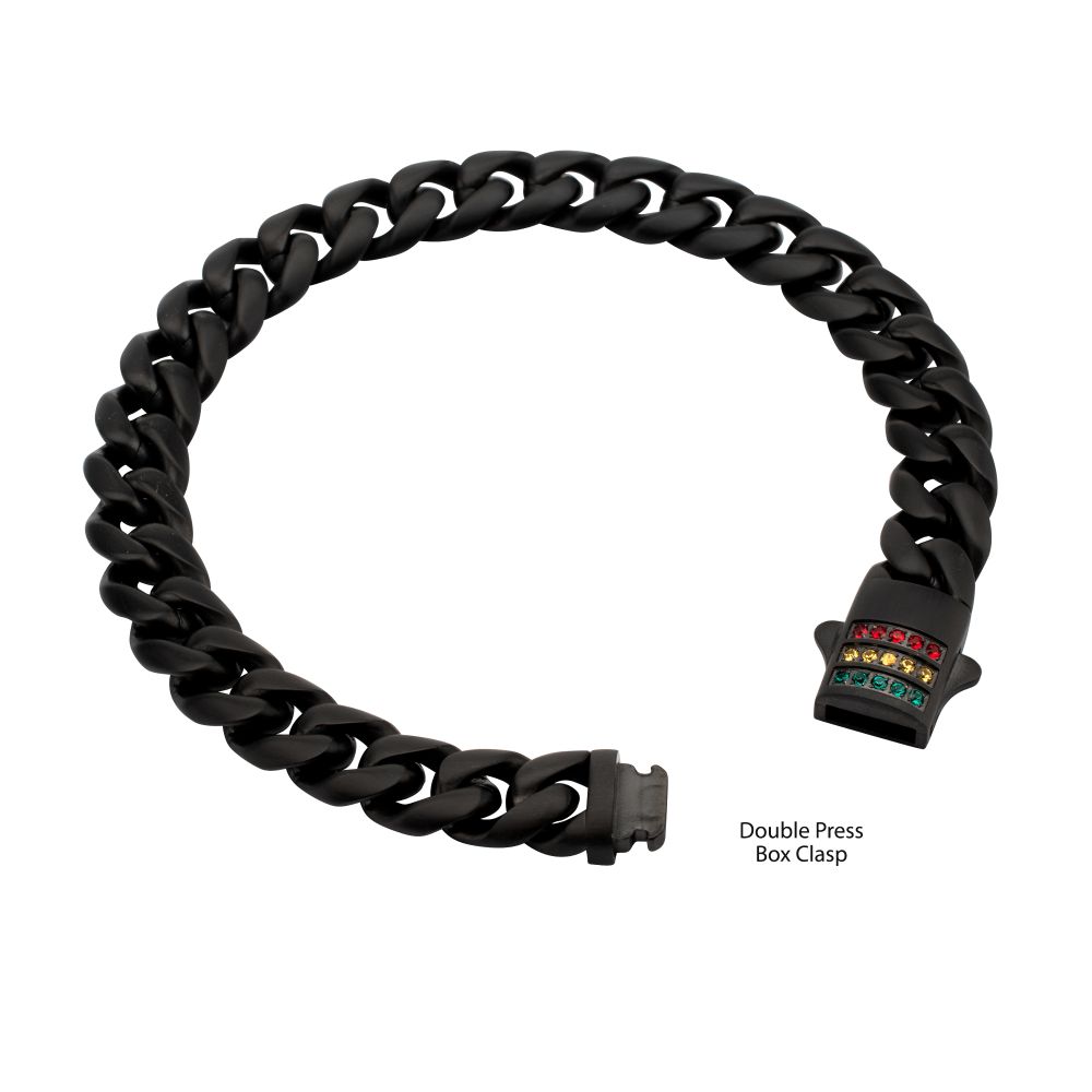 INOX 10mm Matte Black IP-Plated Steel Miami Cuban Swarovski Crystal Rainbow 8.25" Bracelet