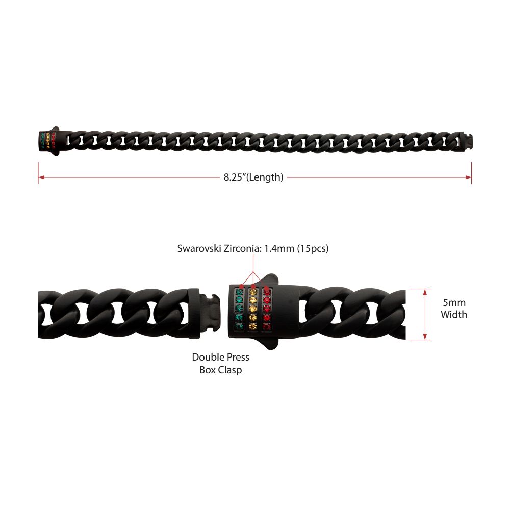 INOX 10mm Matte Black IP-Plated Steel Miami Cuban Swarovski Crystal Rainbow 8.25" Bracelet