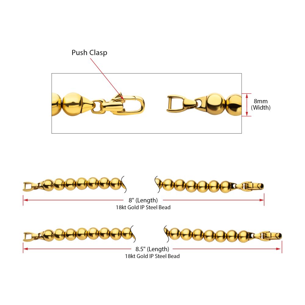 INOX IP-Gold-Plated Stainless Steel 8MM Bead Bracelet