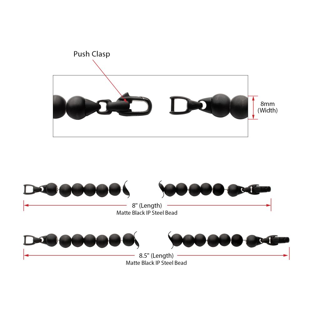 INOX Matte Black IP-Plated Stainless Steel 8MM Bead Bracelet