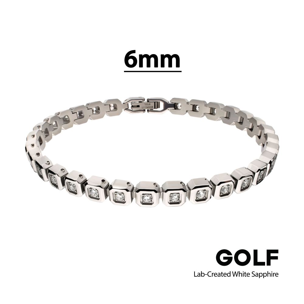 INOX Stainless Steel Lab-Created White Sapphire 6MM Octagon Link Golf Bracelet