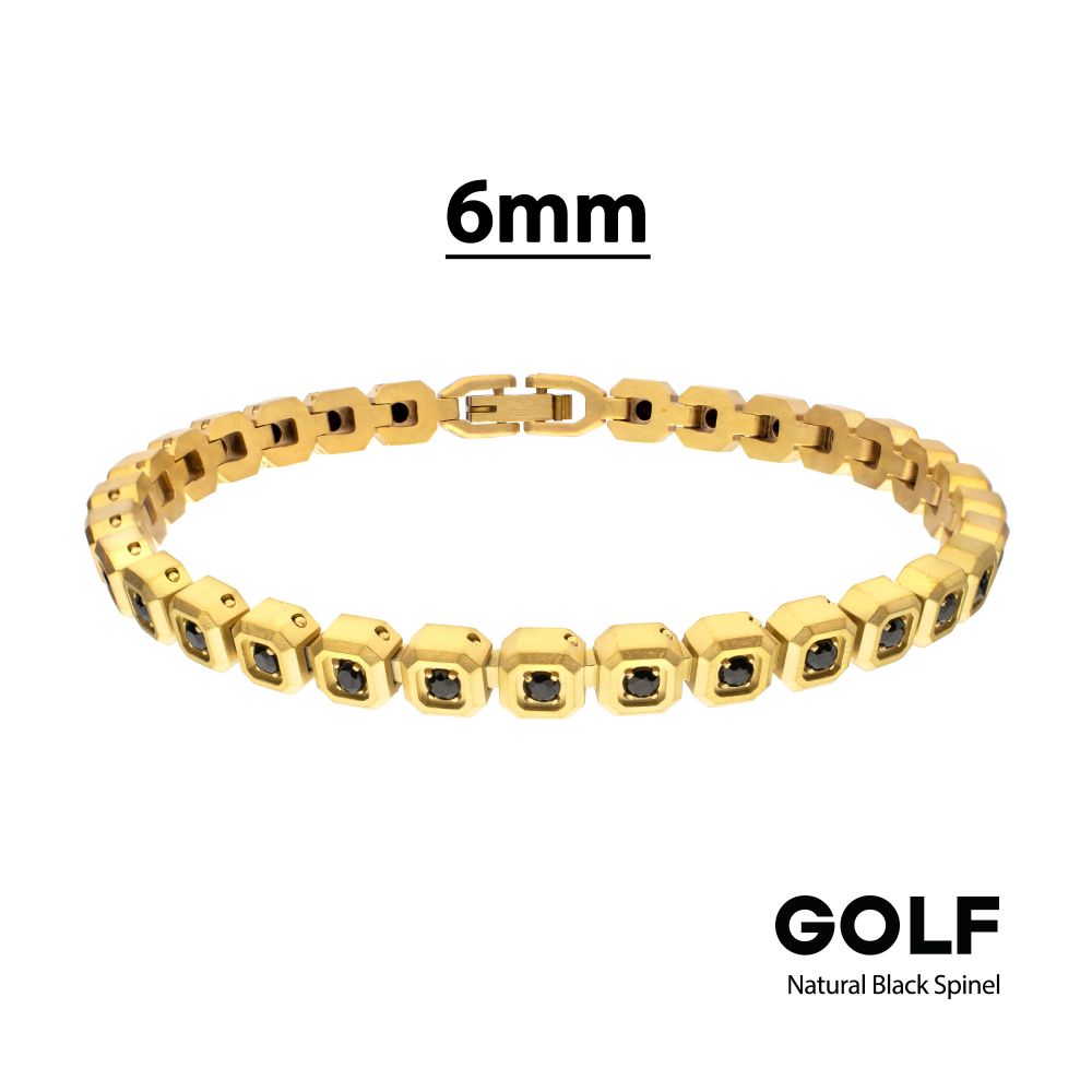 INOX IP-Gold-Plated Stainless Steel Natural Black Spinel 6MM Octagon Link Golf Bracelet
