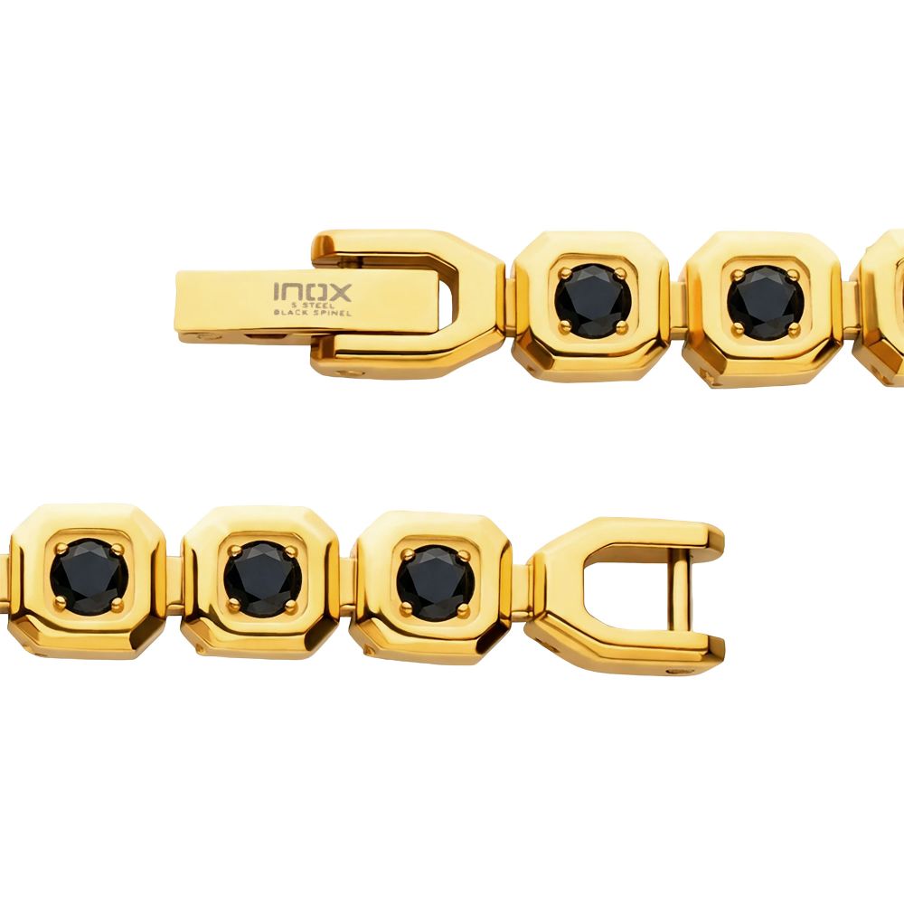 INOX IP-Gold-Plated Stainless Steel Natural Black Spinel 6MM Octagon Link Golf Bracelet