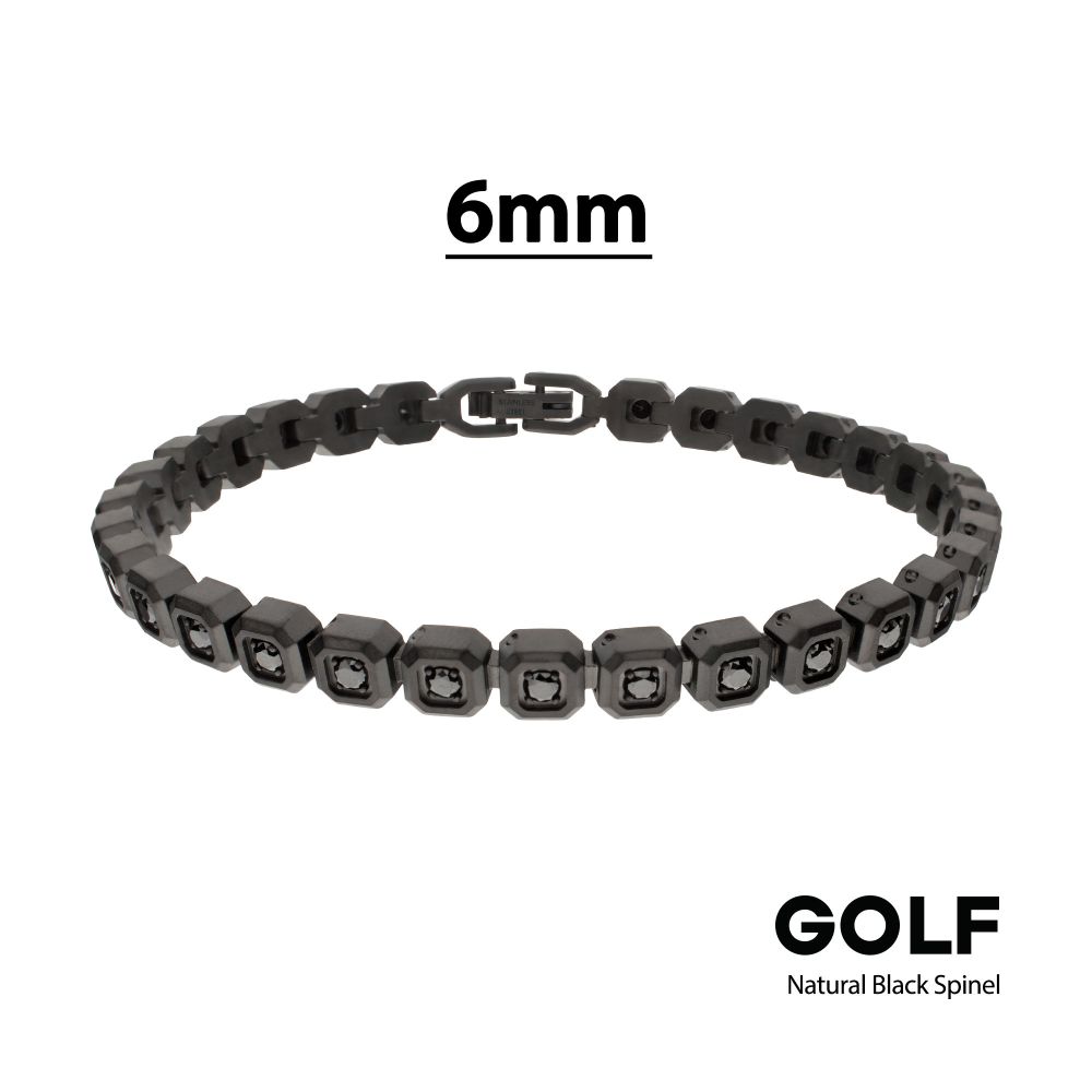 INOX Matte Black IP-Plated Stainless Steel Natural Black Spinel 6MM Octagon Link Golf Bracelet