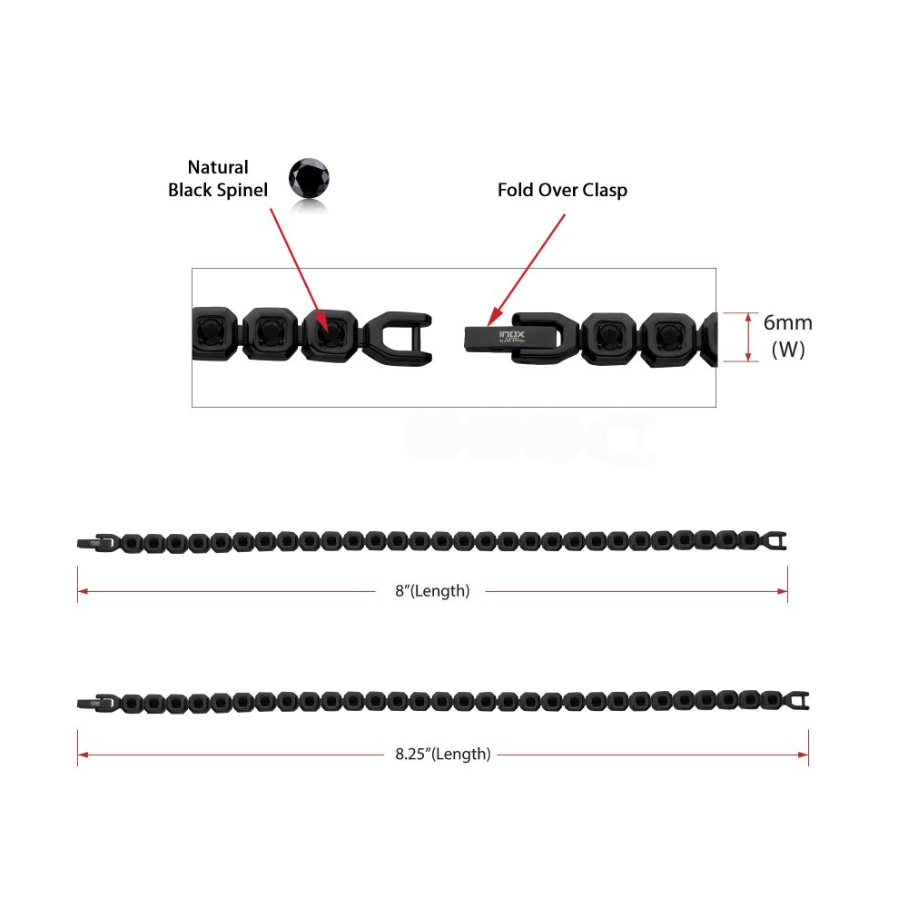 INOX Matte Black IP-Plated Stainless Steel Natural Black Spinel 6MM Octagon Link Golf Bracelet