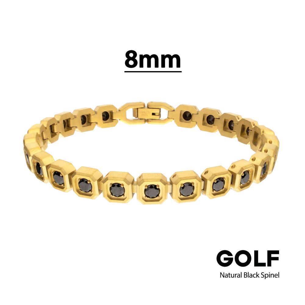 INOX IP-Gold-Plated Stainless Steel Natural Black Spinel 8MM Octagon Link Golf Bracelet