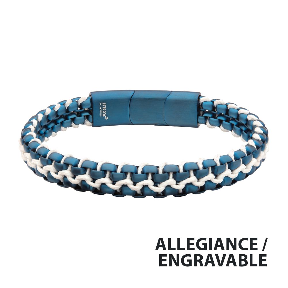 INOX Matte Finish Blue IP Stainless Steel Box Chain with White Wax Cord Bracelet