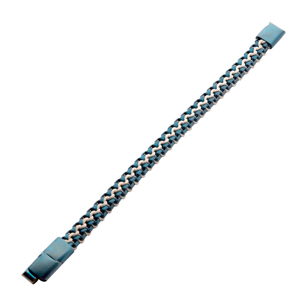 INOX Matte Finish Blue IP Stainless Steel Box Chain with White Wax Cord Bracelet