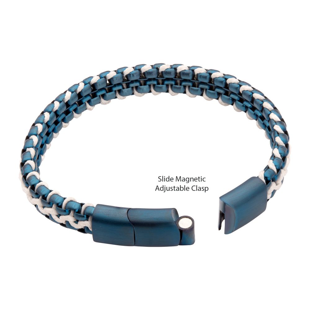 INOX Matte Finish Blue IP Stainless Steel Box Chain with White Wax Cord Bracelet