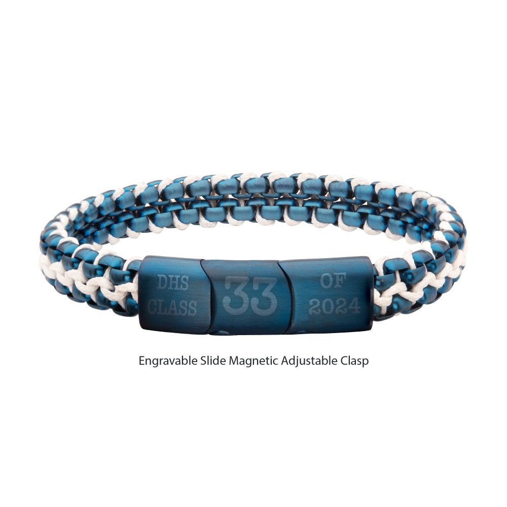 INOX Matte Finish Blue IP Stainless Steel Box Chain with White Wax Cord Bracelet