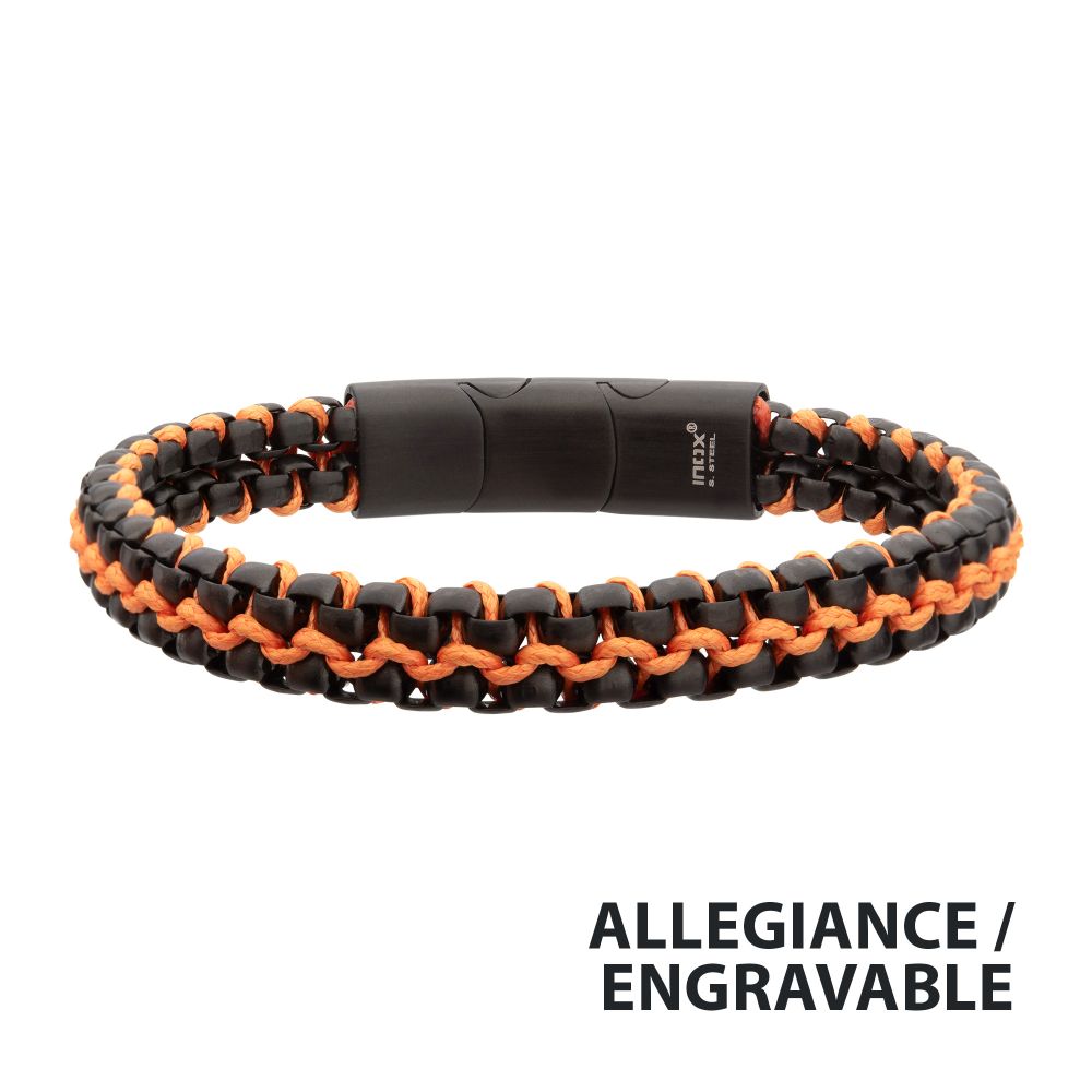 INOX Matte Finish Black IP Stainless Steel Box Chain with Orange Wax Cord Bracelet