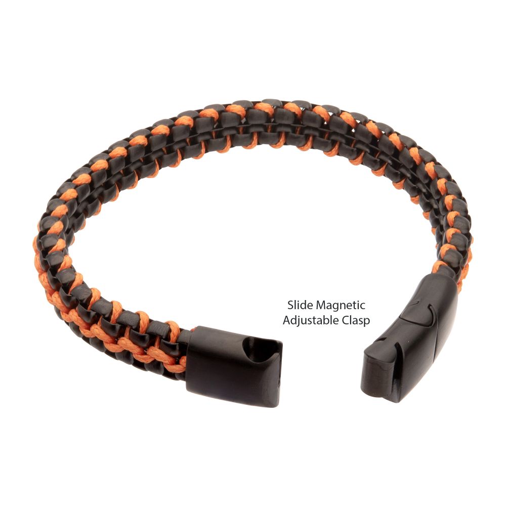 INOX Matte Finish Black IP Stainless Steel Box Chain with Orange Wax Cord Bracelet