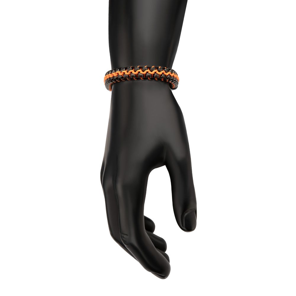 INOX Matte Finish Black IP Stainless Steel Box Chain with Orange Wax Cord Bracelet