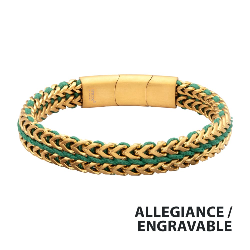 INOX Matte Finish Gold IP Stainless Steel Foxtail Chain with Richer Green Wax Cord Bracelet