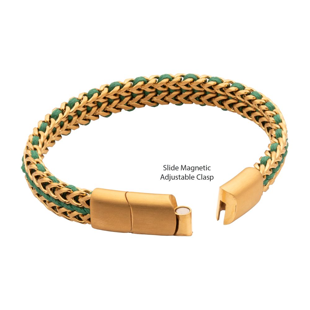 INOX Matte Finish Gold IP Stainless Steel Foxtail Chain with Richer Green Wax Cord Bracelet