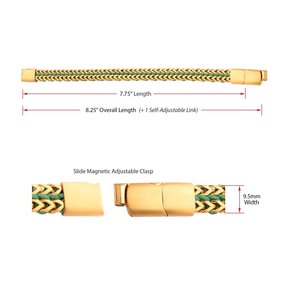 INOX Matte Finish Gold IP Stainless Steel Foxtail Chain with Richer Green Wax Cord Bracelet