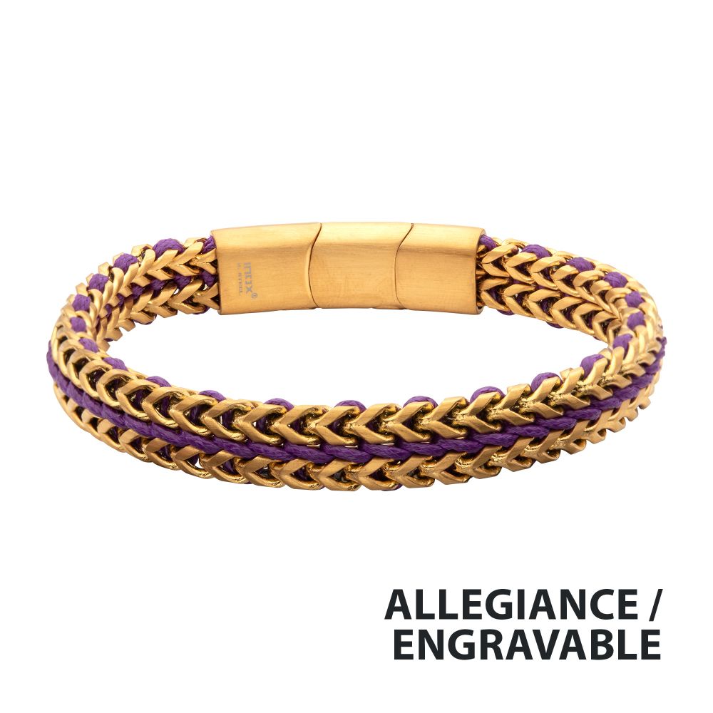 INOX Matte Finish Gold IP Stainless Steel Foxtail Chain with Purple Wax Cord Bracelet