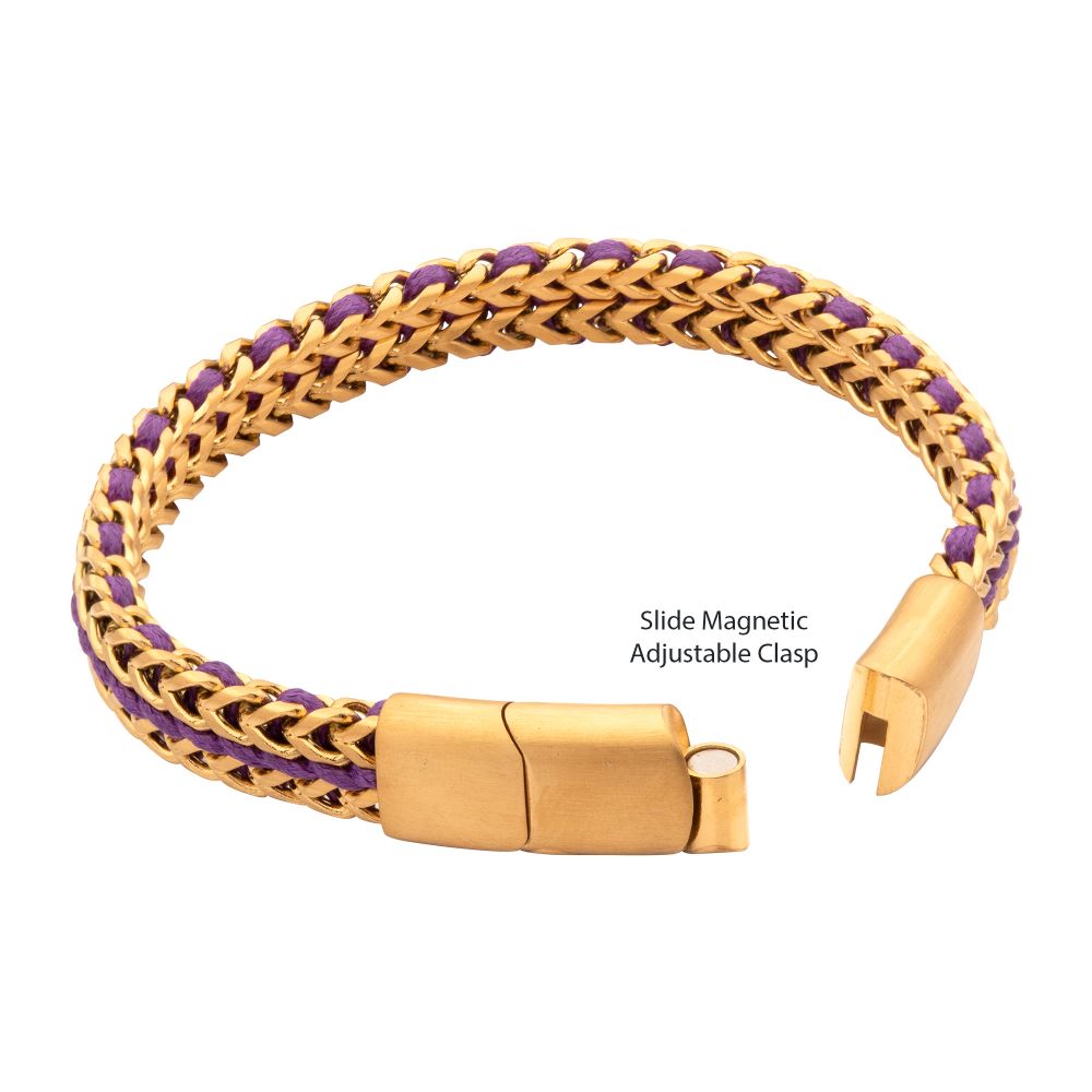 INOX Matte Finish Gold IP Stainless Steel Foxtail Chain with Purple Wax Cord Bracelet