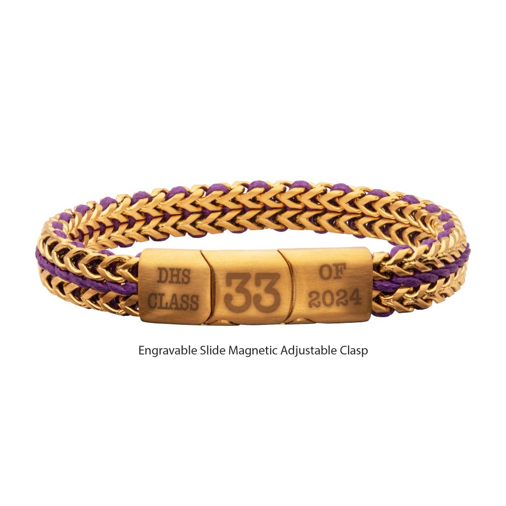 INOX Matte Finish Gold IP Stainless Steel Foxtail Chain with Purple Wax Cord Bracelet