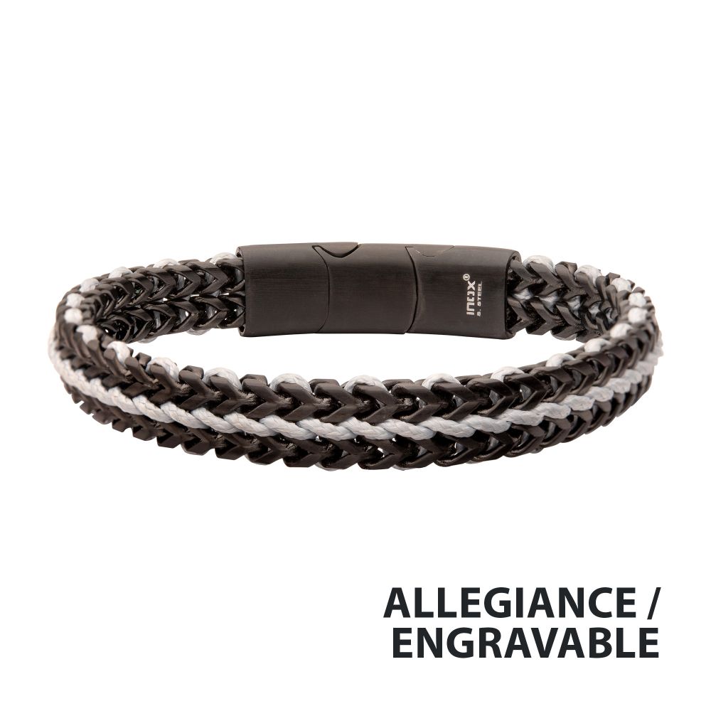 INOX Matte Finish Black IP Stainless Steel Foxtail Chain with White Wax Cord Bracelet