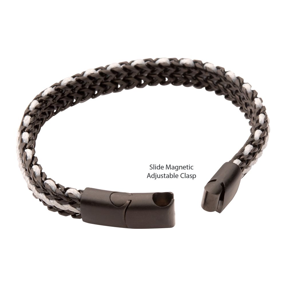 INOX Matte Finish Black IP Stainless Steel Foxtail Chain with White Wax Cord Bracelet