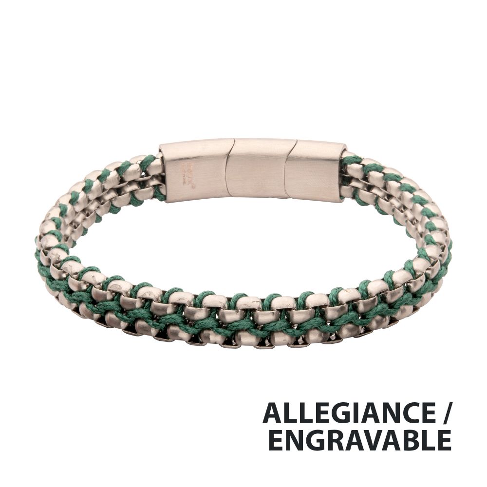 INOX Matte Finish Stainless Steel Box Chain with Green Wax Cord Bracelet