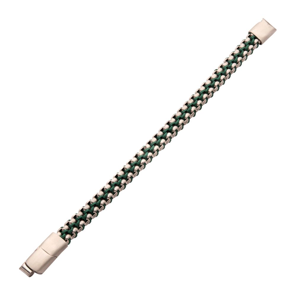 INOX Matte Finish Stainless Steel Box Chain with Green Wax Cord Bracelet