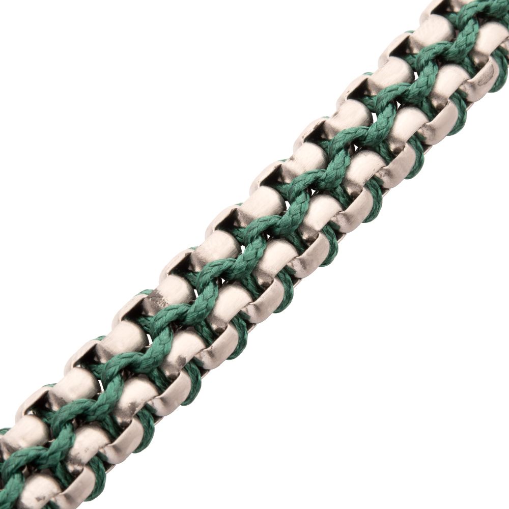 INOX Matte Finish Stainless Steel Box Chain with Green Wax Cord Bracelet