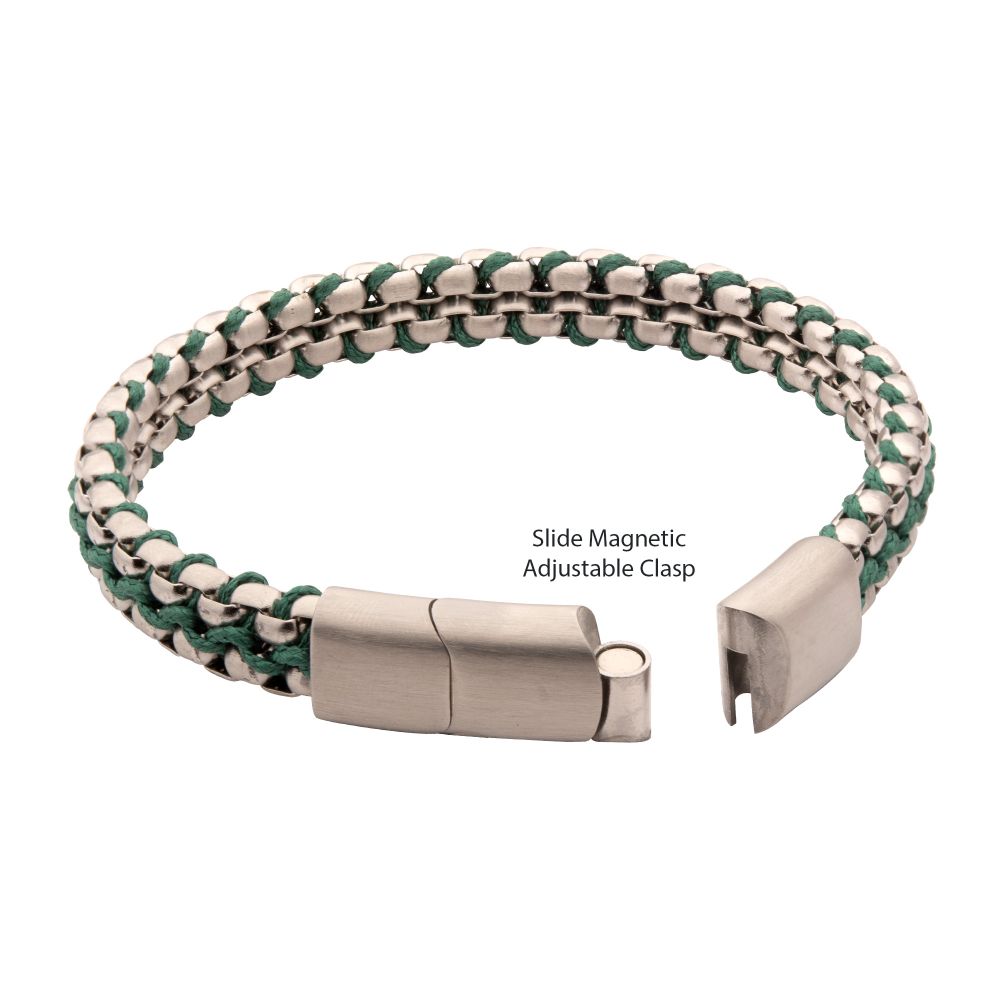 INOX Matte Finish Stainless Steel Box Chain with Green Wax Cord Bracelet