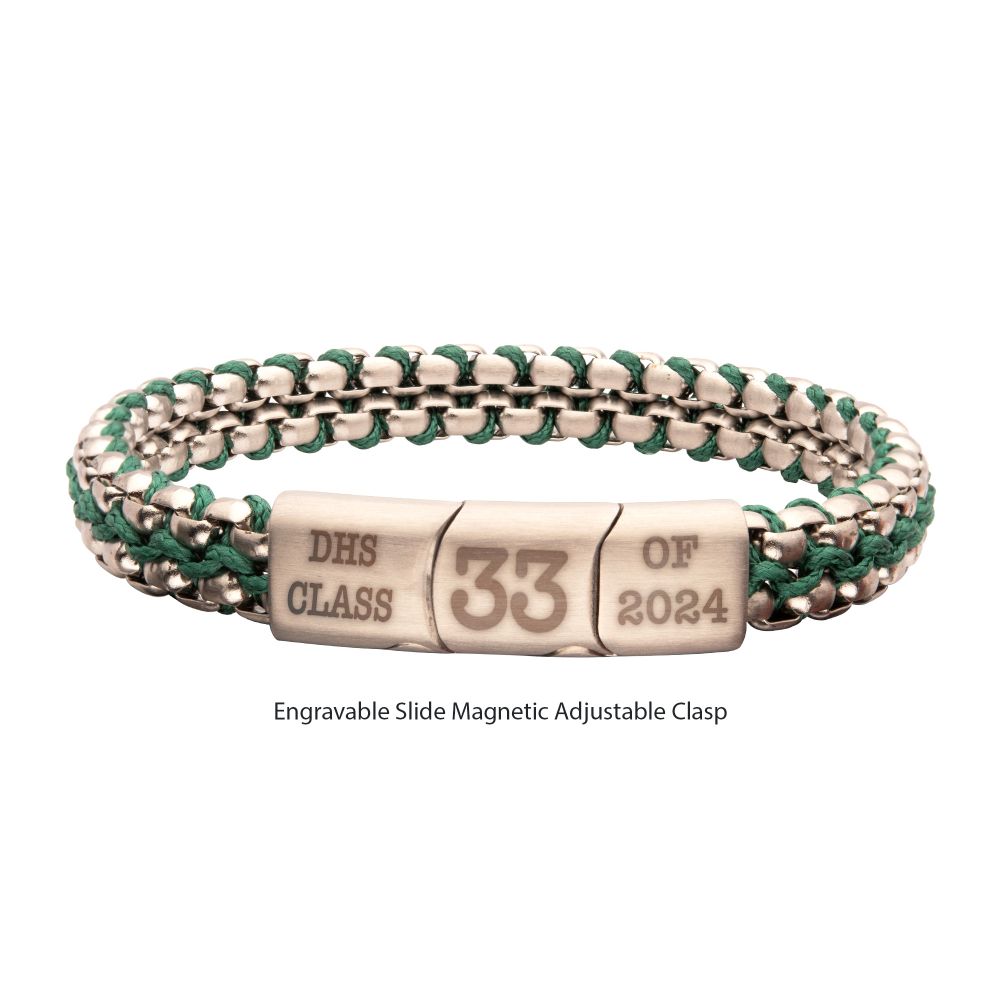 INOX Matte Finish Stainless Steel Box Chain with Green Wax Cord Bracelet